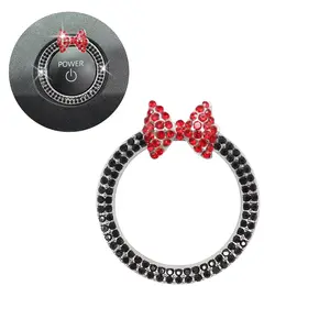 Bow  Accessories,Red Bow Tie Push Start Button  Decor, Black Rhinestone Engine Start Stop Button Ring,Bling Girly Cute  Charm