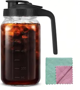 32oz Glass Pitcher Carafes With Handle and Lid, 1 Quart Mason Jar, Large Water Jug, Glass Containers for Fridge, Water Pitcher for Juice, Iced & Sun , Cold Brew Coffee, Homemade Beverage