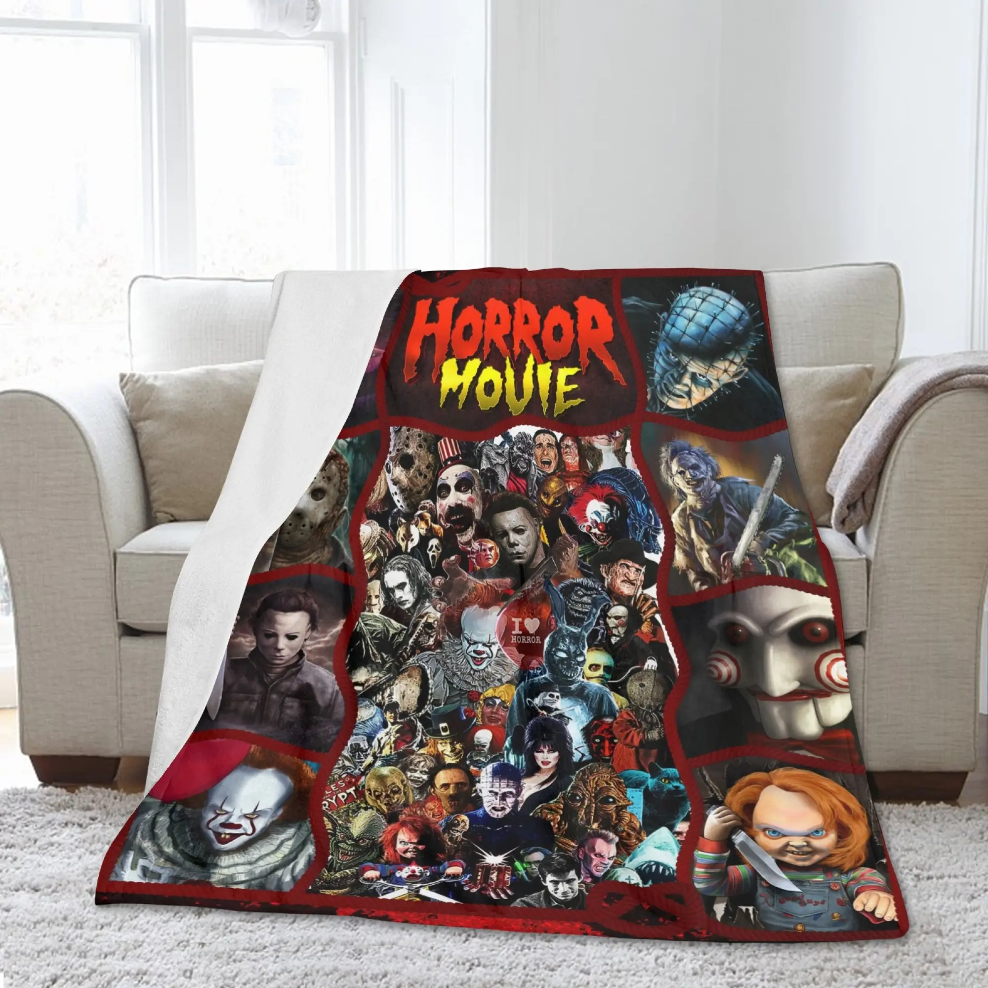 Classic Halloween Horror Movie Print Throw Blanket - Soft Texture Textile for Home, Office Use