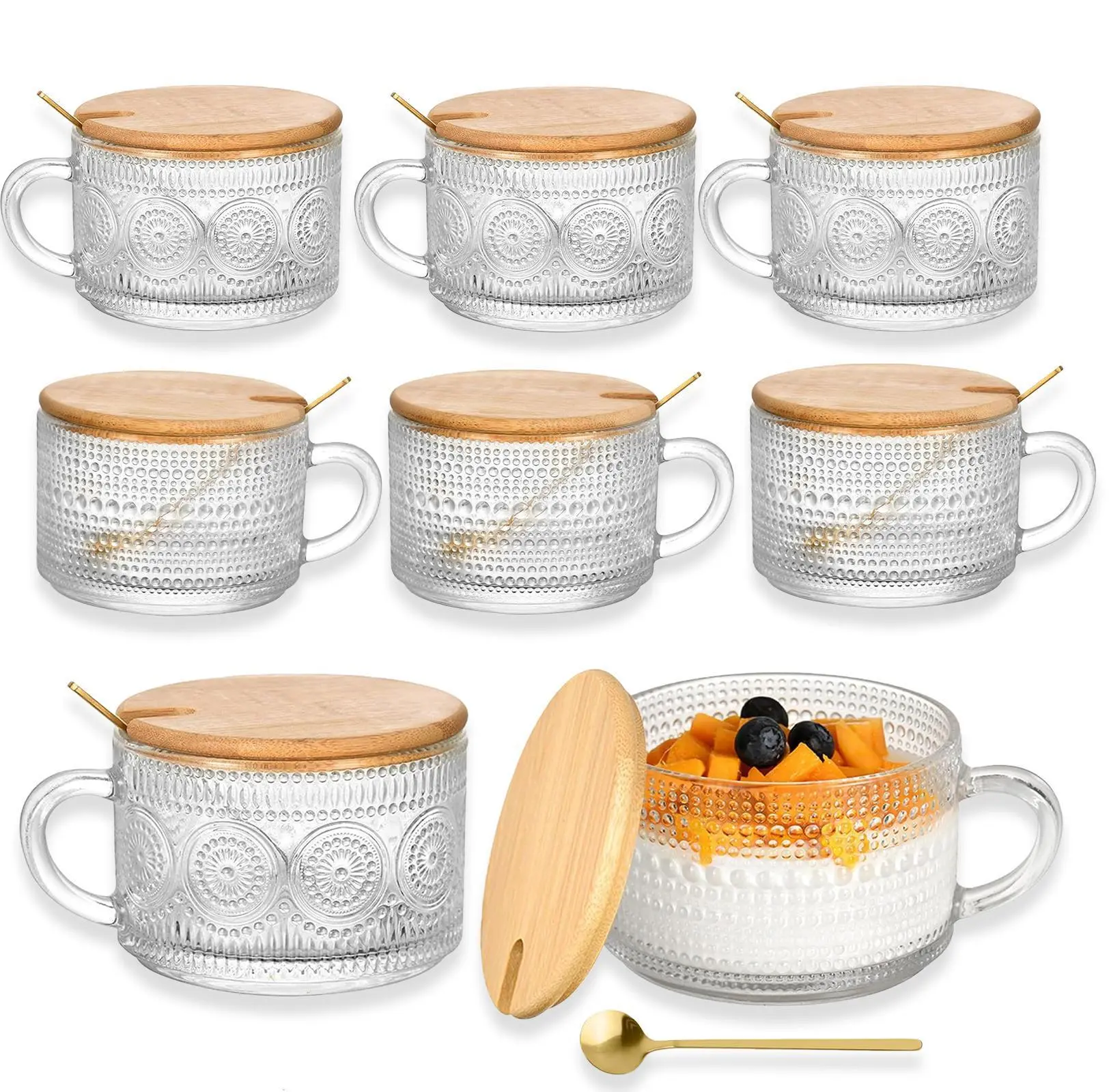 8pcs Set Vintage Coffee Mugs gifts for women, Overnight Oats Containers with Bamboo Lids and Spoons - 14oz Clear Embossed Glass Cups, Cute Coffee Bar Accessories, Iced Coffee Glasses
