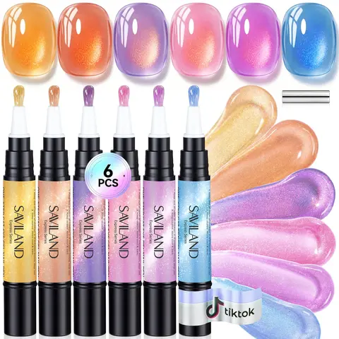#4 SAVILAND One-Step Gel Nail Polish Pens Set, 6 Colors Pearl Pink Blue
