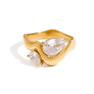 18 Carat #309 Gold Plated Zircun Ring Romantic Geometric White Zircon Irregular Ring Stainless Steel Fashion Jewelry Gift for Women