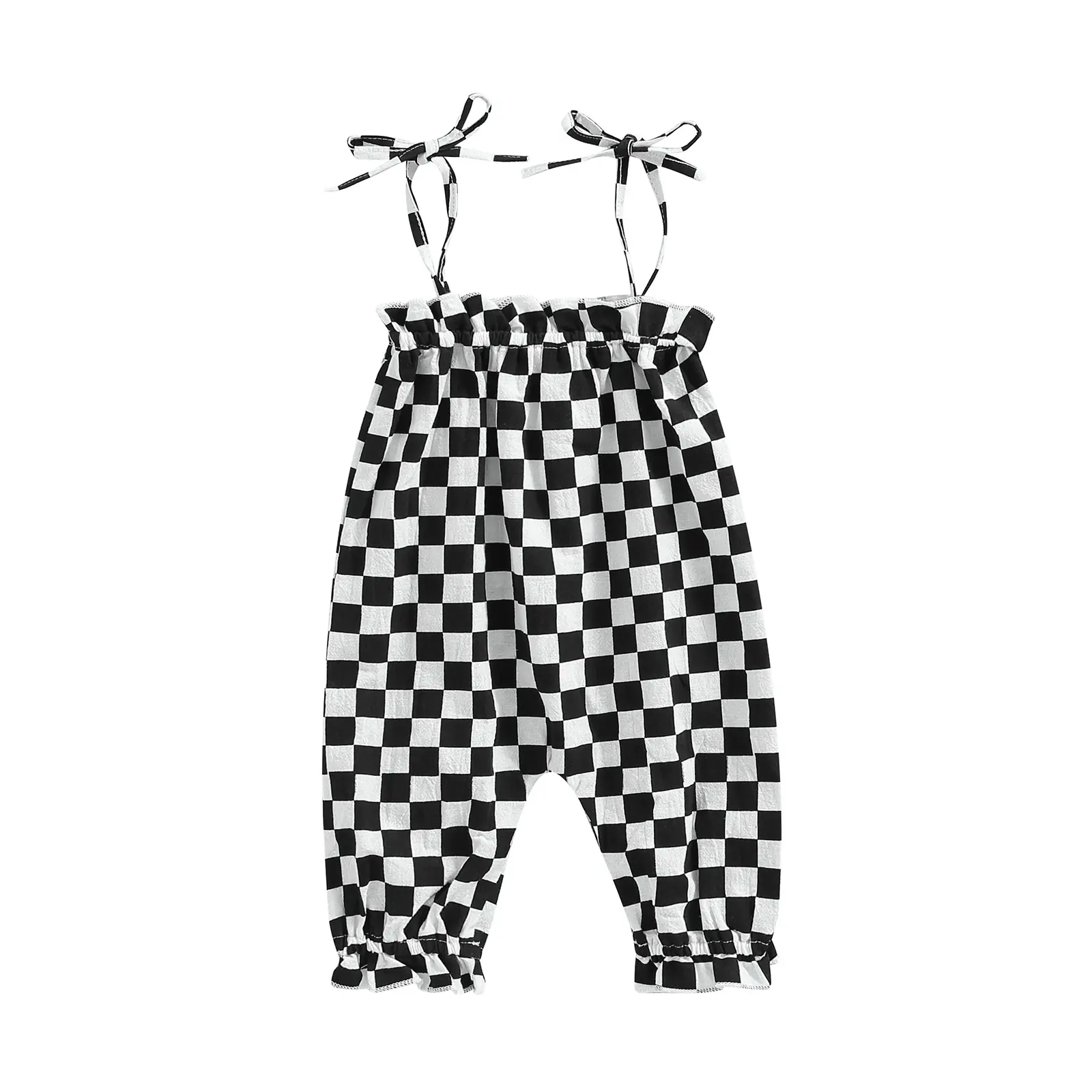 [Lullaby] Baby Girls Casual Jumpsuit, Brown Checkerboard Plaid Pattern Sleeveless Tie-up Strap Romper