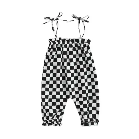 [Lullaby] Baby Girls Casual Jumpsuit, Brown Checkerboard Plaid Pattern Sleeveless Tie-up Strap Romper