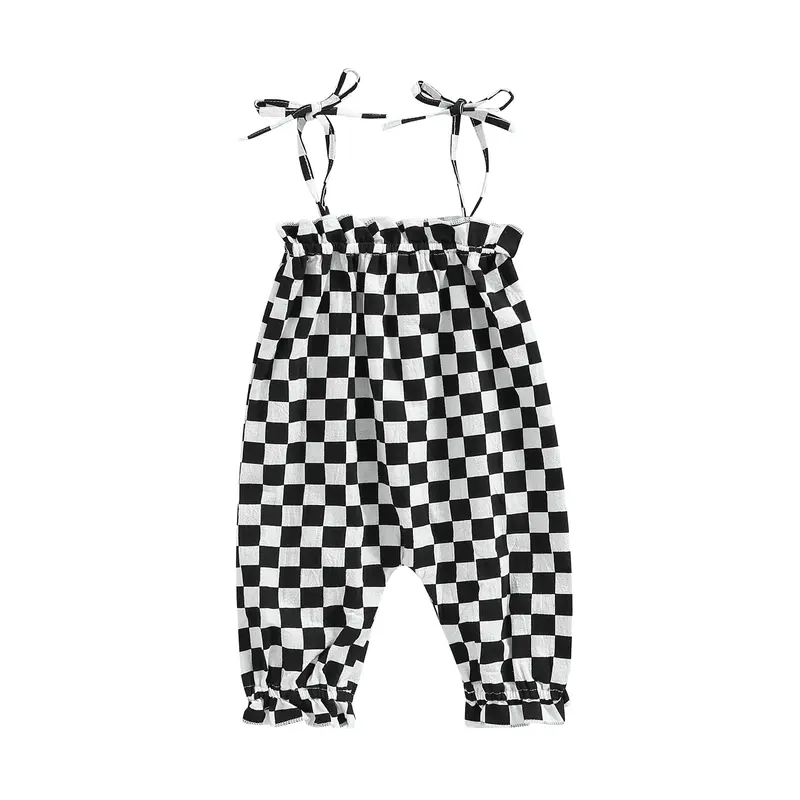 [Lullaby] Baby Girls Casual Jumpsuit, Brown Checkerboard Plaid Pattern Sleeveless Tie-up Strap Romper