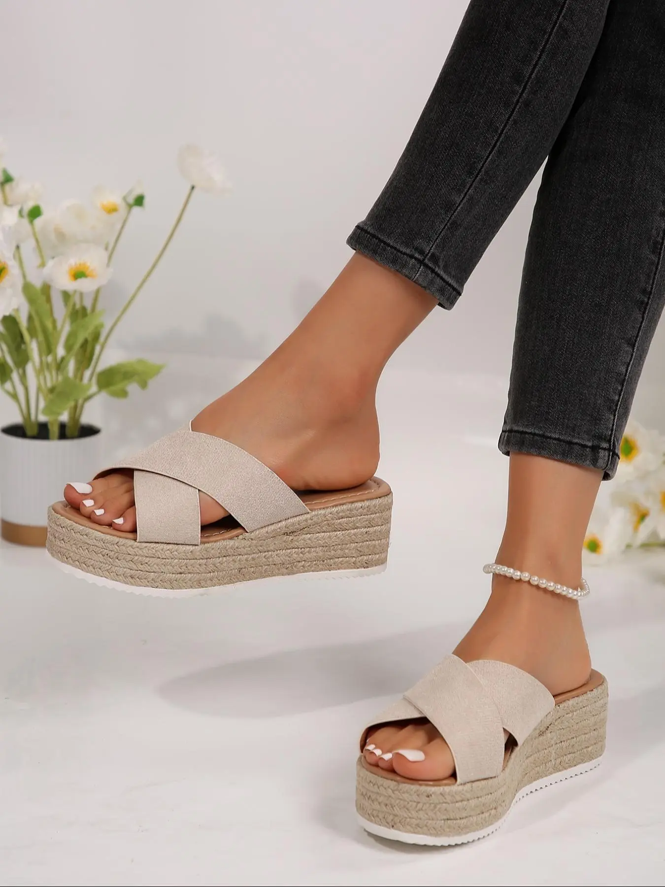 Women's Fashionable Plain Color Crossed Strap Sandals, Casual Comfortable Sandals for Summer, Female All-match Sandals for Daily Wear, Walking Shoes, Espadrilles Platform Sandals, Footwear Sandal