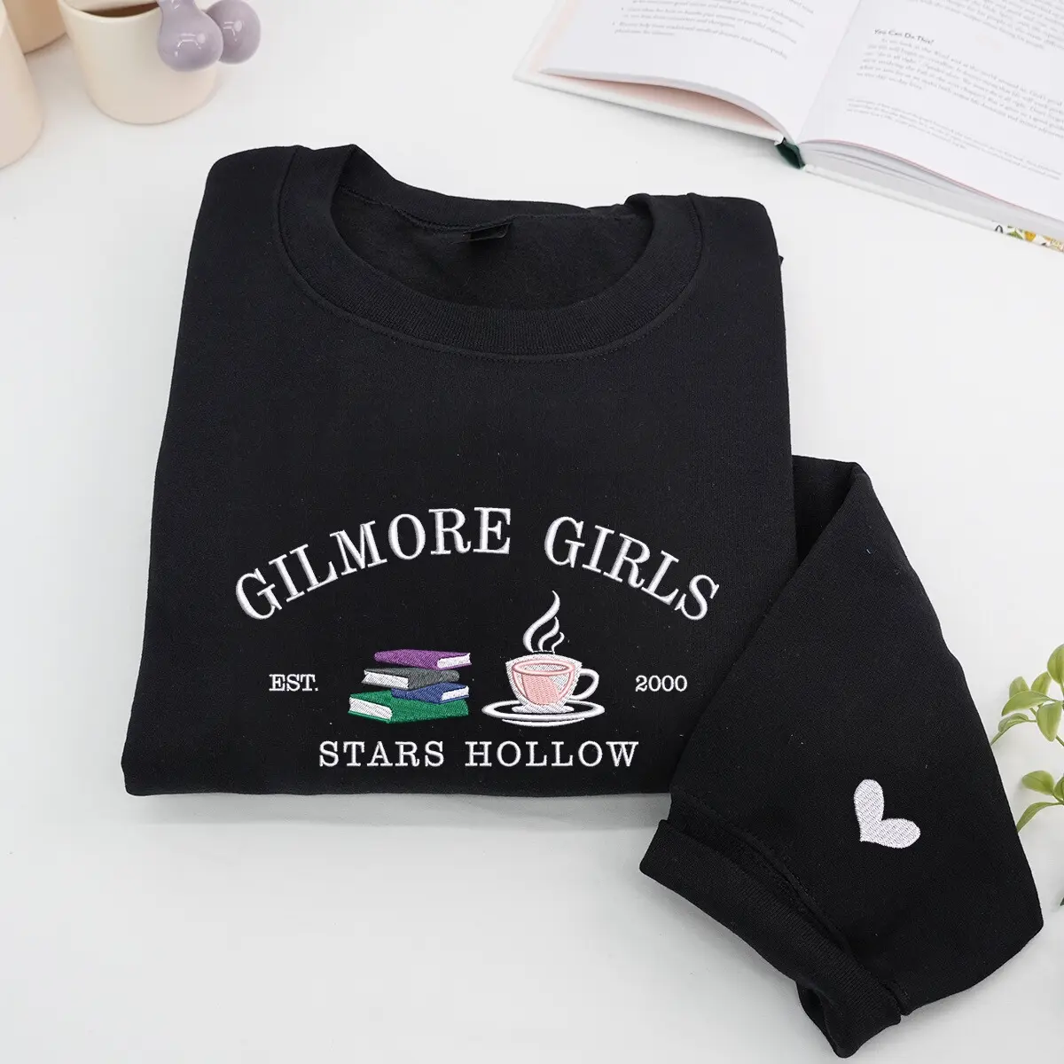 Gilmore Girls Embroidered Sweatshirt – Stars Hollow Coffee & Book Stack Crewneck, EST. 2000 with Sleeve Heart – Cozy Black Fall Sweater for Gilmore Fans