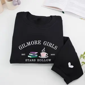 Gilmore Girls Embroidered Sweatshirt – Stars Hollow Coffee & Book Stack Crewneck, EST. 2000 with Sleeve Heart – Cozy Black Fall Sweater for Gilmore Fans