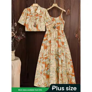 【Plus Size】 Tie Dye Print Dress & Button Front Outwear Two-Piece Set, Casual Fashion Cozy Two Piece Outfits for Daily Outdoor Wear, Women Plus Clothing for Summer