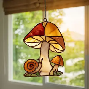 Mushrooms and snail acrylic suncatcher, cozy cottagecore window decor