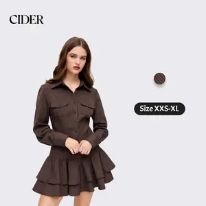 Cider Mini Dress – Preppy Academia Aesthetic Women's Office Work Daily Casual Gown, Striped Button Up Layered Ruffle Hem Long Sleeve Dress for Summer SwimWeek