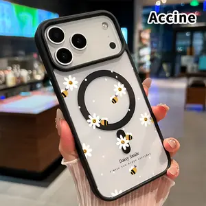 Magnetic Phone Case for iPhone 17 Pro Max 16 Plus 15 14 13 12 11 Air E Daisy Bee Delight Pattern Transparent Acrylic Back TPU Edges Drop-Proof Lightweight Cover