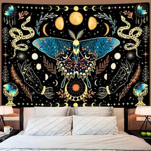 Bohemian Aesthetic Moth and Floral Tapestry - Polyester Wall Hanging, Mystical Nature Theme Décor for Bedroom and Living Room, Knit Indoor Tapestry with Celestial Butterfly and Serpent Design, Includes Free Installation Package (1pc)
