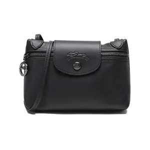 Longchamp Le Pliage 20 Leather Shoulder Bag with Snap and Zipper Closure for Women in Black