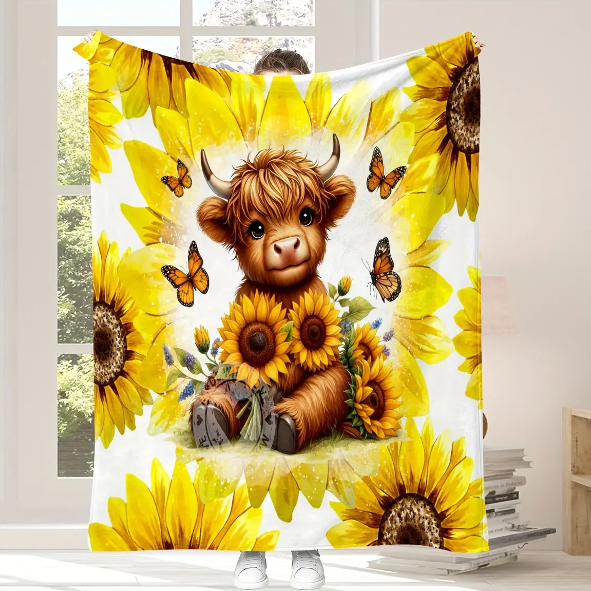 Sunflower & Highland Cow Flannel Throw Blanket - All Season, Soft Warm Double-Sided, Anti-Static HD-Printed, Versatile Sizes, Easy to Clean, Ideal for Sofa & Bed, Perfect Gift for Animal Lovers, All Season Blanket, Throw Blankets