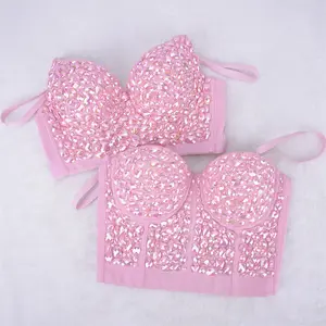 Tube Tube Halter Top Handmade Pink Acrylic Drill Fishbone Bra Blusas Short Corset Spring Summer Rave Outfits Weighted Vests Woman Clothing Sling Wedding Party Blind Date Stage Party Shaper Crop Sexy Nightclub Elevated Going Out Tops Tube Halter Tank Tops
