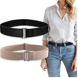 2Pcs No Show Stretch Belt for Women Invisible Elastic Tuck Band, Adjustable Strap Crop Belt with Flat Buckle for Jeans Pants Dresses