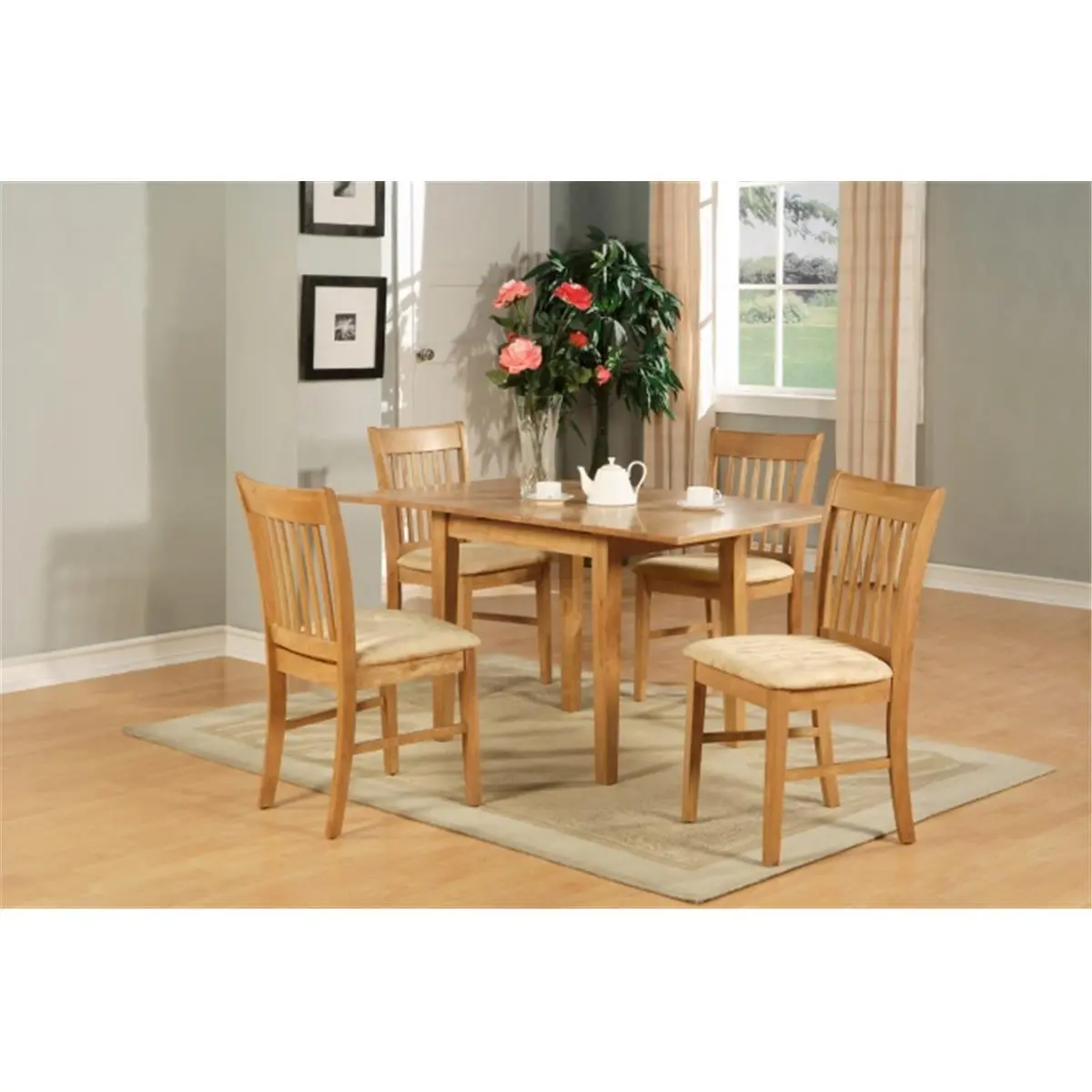 East West Furniture NOFK5-OAK-C 5-Piece Oak Wood Dinette Set - Asian Dining Room Furniture, 12 Inch Extension Leaf Table, 4 Matching Chairs for 4 Seats, Small Space Storage, Luxury and Coziness