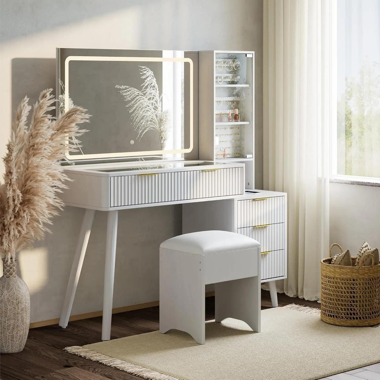 Dressing Table with LED Mirror and Charging Port, Glass Makeup Table with Padded Stool, for Bedroom, White
