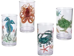 KX-WARE Sea Ocean Life 20-ounce Plastic Tumbler Drinking Glasses Mixed Drinkware Sets, set of 4 Multicolor