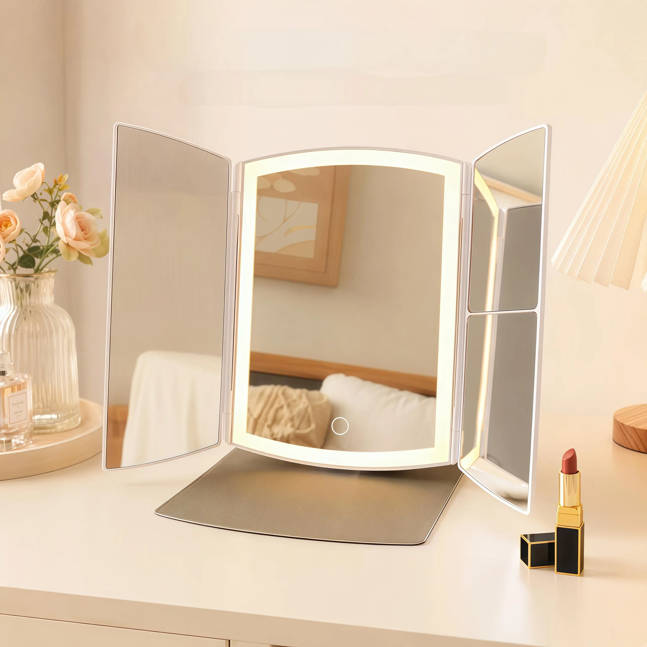 White Rectangular 3-Fold Glitter Finish Plastic Body Illuminated Makeup Mirror, Portable Color-Adjustable Tabletop Ambient LED Mirror with Multi-Magnify 5x/2x/1x, 3-Color LED Light Strip, Touchscreen Brightness Control for Makeup & Travel
