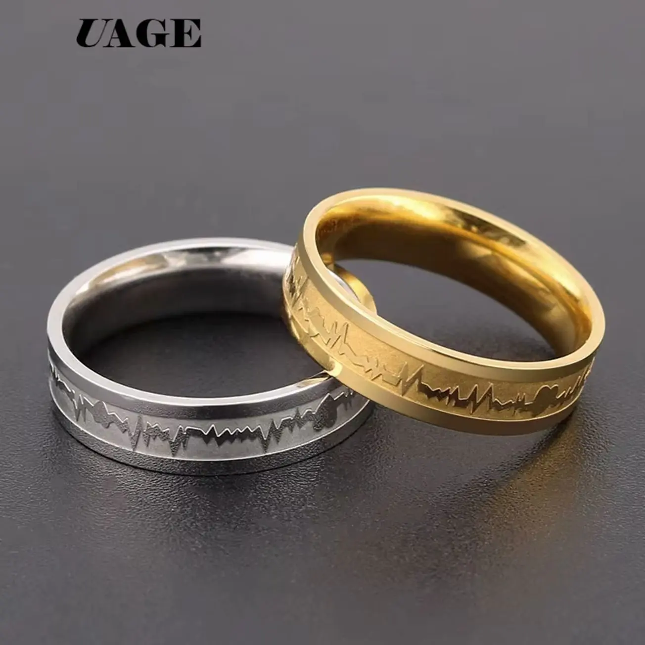 Electrocardiogram Heartbeat Couple Rings, Titanium Steel Matching Wedding Band Jewelry for Lovers