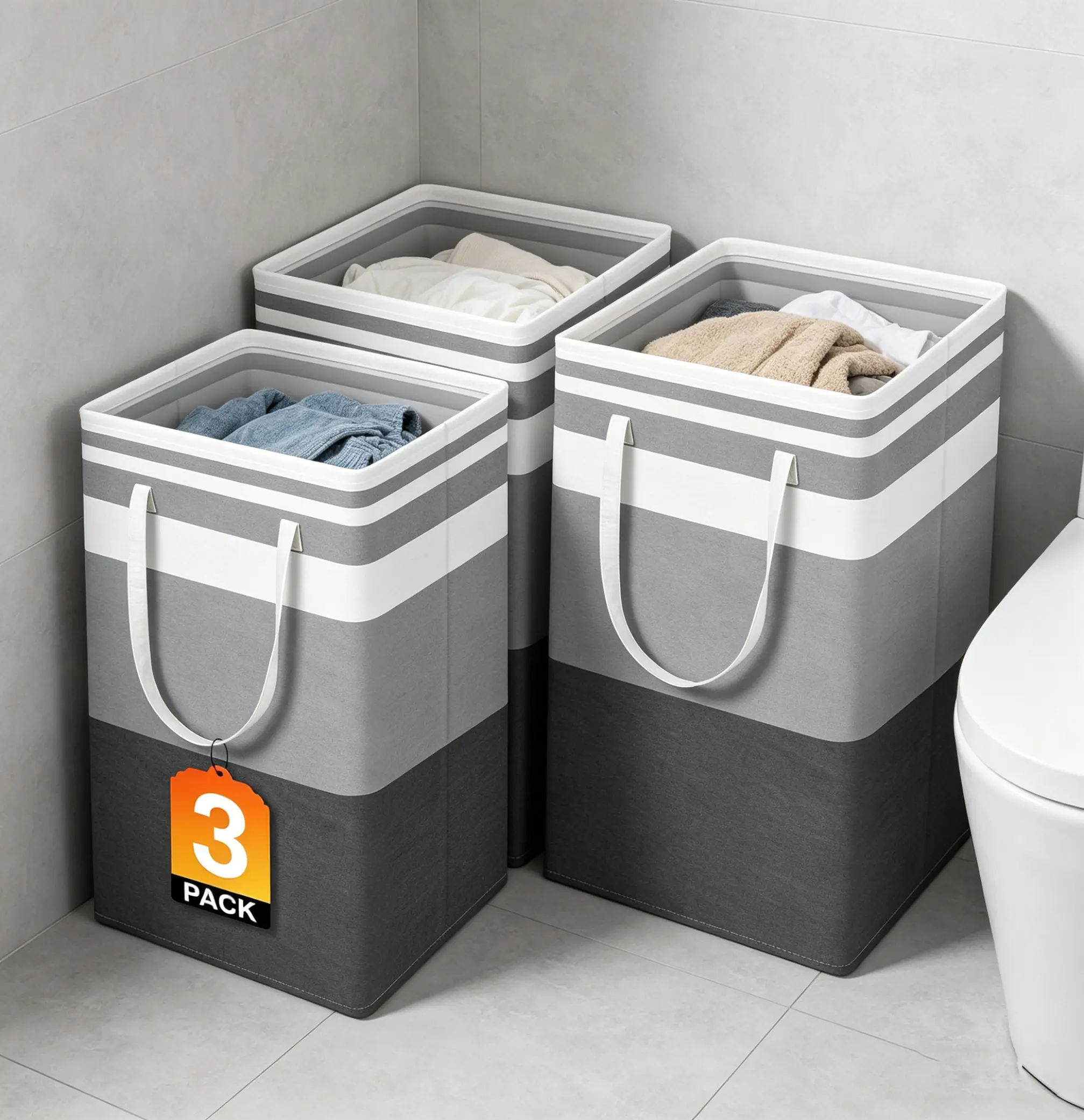 3-Pack Large Laundry Basket Waterproof Easy to Store Freestanding Collapsible Tall Clothes Hamper with Extended Handles for Dorm Family Gradient Grey 75L Traveling Laundry Bag