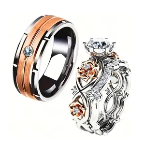 Men's Lover Ring And 2pcs Women's Rose & Cubic Zirconia Wedding Engagement Ring Set, Jewelry For Wedding, Couple Rings