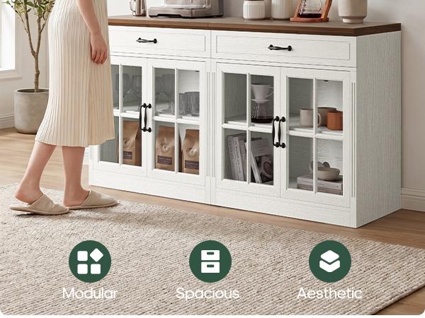 HAUOMS Modern Farmhouse Coffee Bar Cabinet with Glass Doors and Drawer, 31.5" Small Sideboard Buffet with 3-Level Adjustable Shelf, Entryway Storage Console for Kitchen Living Room