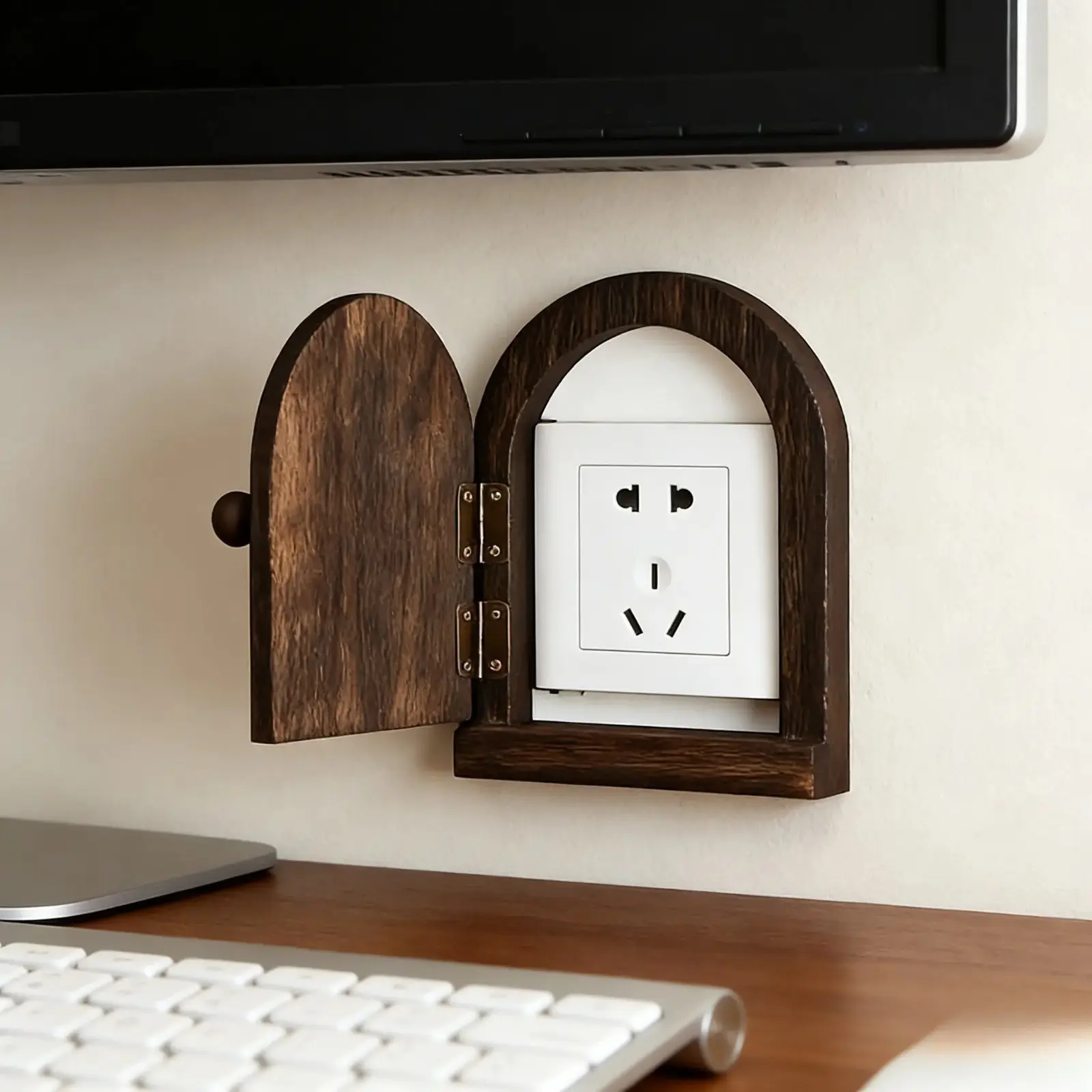 Rustic Wooden Arch Door Power Outlet Cover Box Miniature Fairy Door Wall Decorative Socket Concealer Dustproof Hide Electrical Plug Switch Plate Aesthetic Home Room Decor Arched Socket Concealer Box