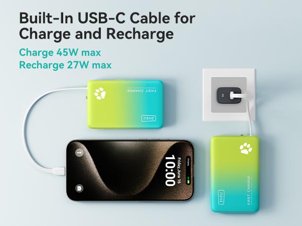 INIU PawGO 45W 10000mAh Power bank with Built-in USB C Cable, Slim PD Fast Charging Portable Charger Travel LED Display Light Battery Pack, External Phone Charge for iPhone 17 16 15 14 13 12 11 Series Samsung iPad Aipods Google Pixel Switch Perfect Gift