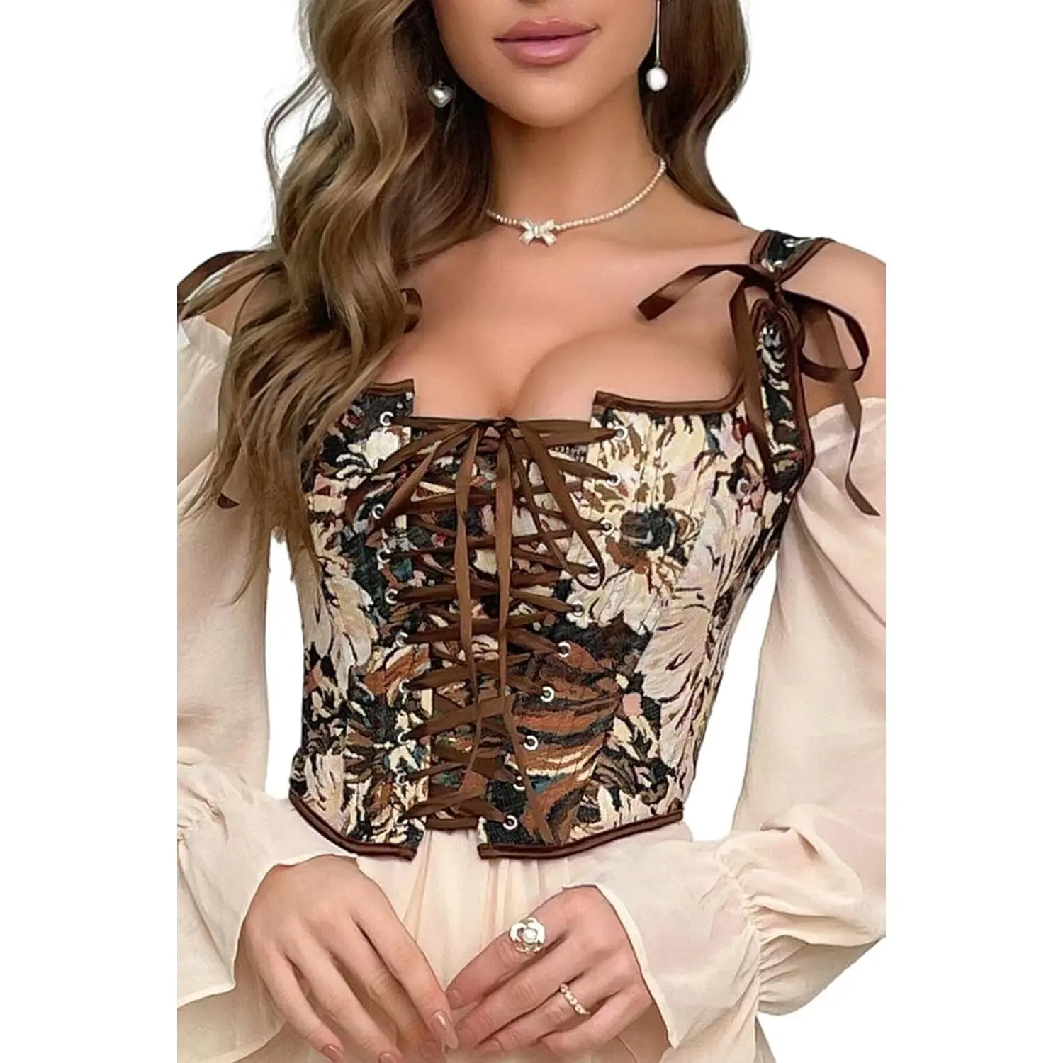 Women's Vintage Floral Overbust Corset, Lace Up Boned Lingerie Bustier Top, Polyester Blend for Renaissance Costumes & Parties, Body Shaping, Front Lacing Design, Guide To Choose Size