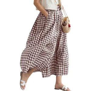 Women’s Cotton Linen Gingham Pants, Elastic Waist Flowy Wide Leg Plaid Capris Palazzo Trousers