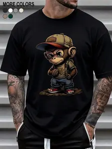 Men's Cartoon Monkey Print Round Neck Tee, Regular Fit Casual Short Sleeve Crew Neck T-shirt for Summer, Fashion Men's Top for Daily Wear