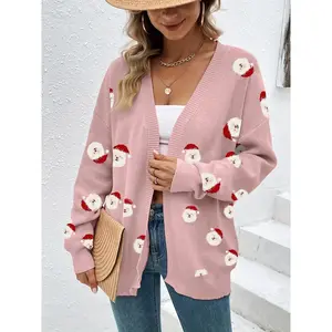 Women’s long knitted cardigan with a Christmas Santa Claus pattern, long sleeves, autumn–winter fashion, casual style, ladies’ sweater coat