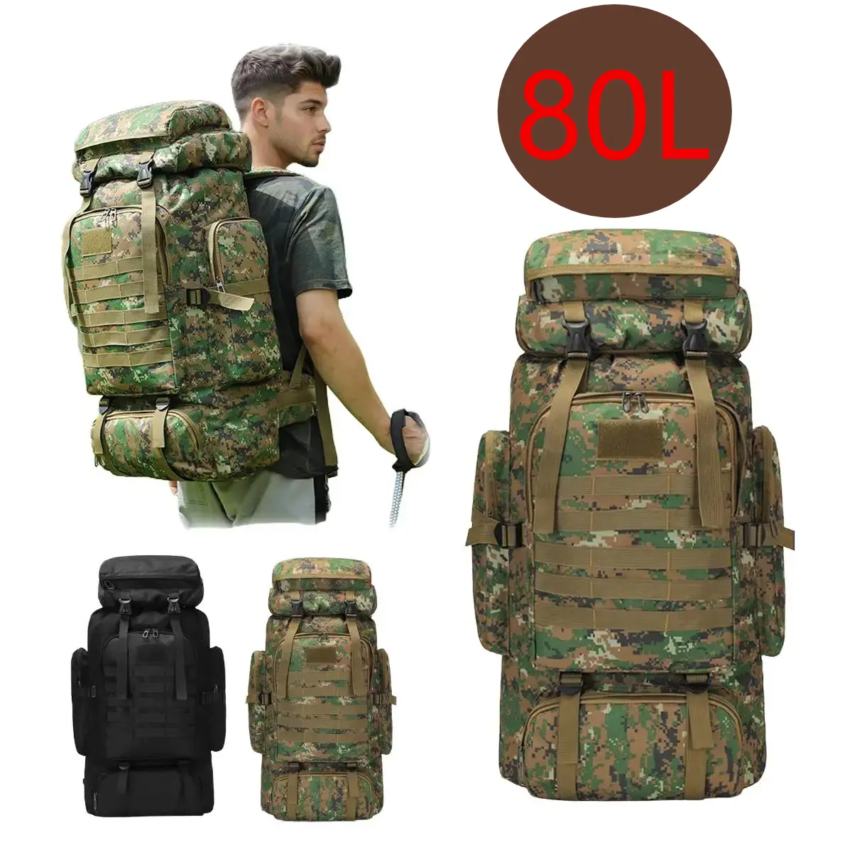 80L Tactical Backpack, Water-Resistant 600D Oxford Military Pack with MOLLE System for Camping, Hiking & Hunting
