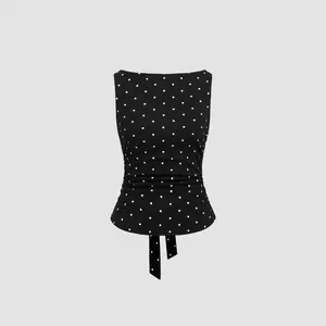 Cider Cotton-blend Boat Neck Knotted Polka Dot Ruched Tank Top