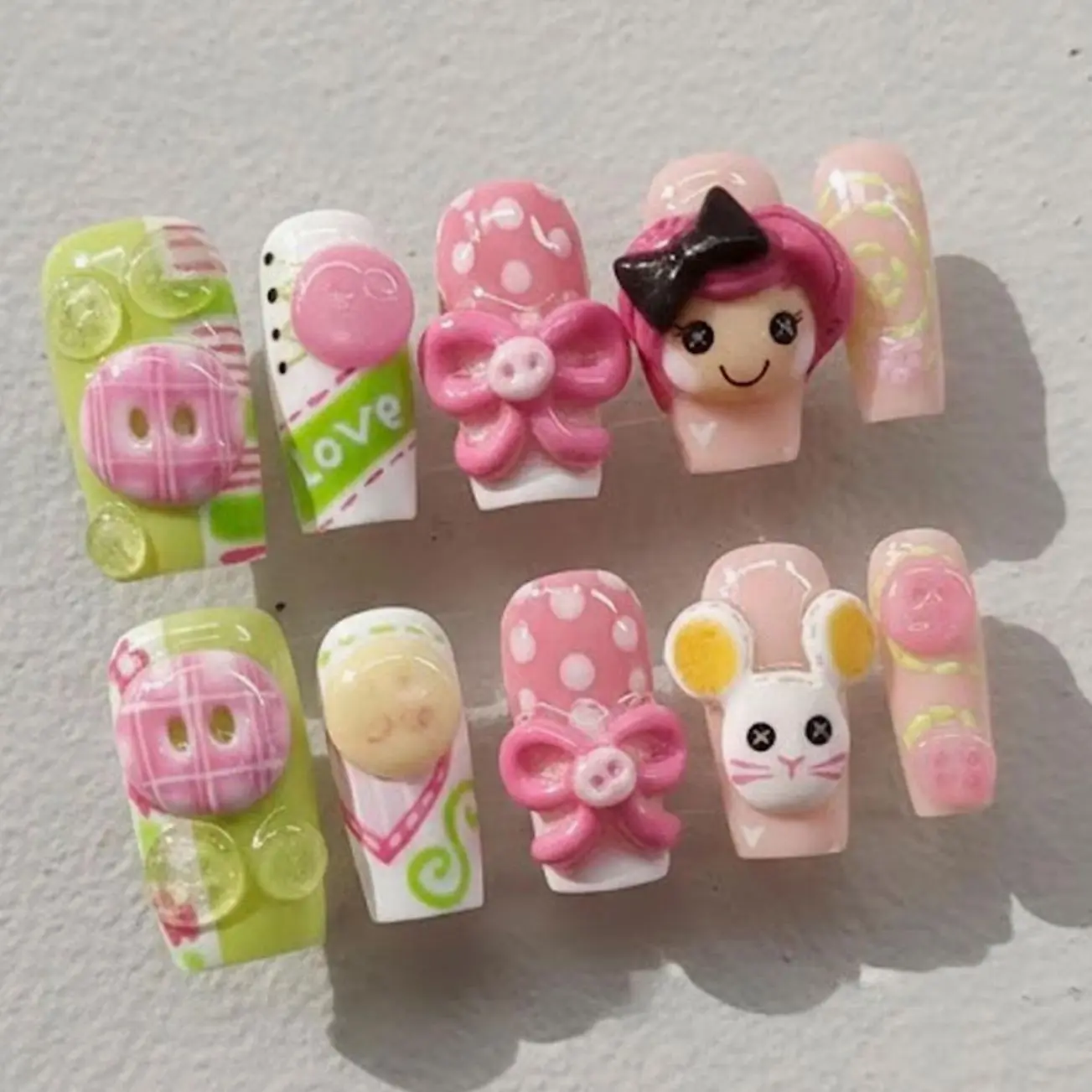 Cute Lalaloopsy Press On Nails Kawaii Button Nails Pink Bow Fake Nails Retro Doll Cute White Mouse 3D Handmade Nails Custom Nails Glue On