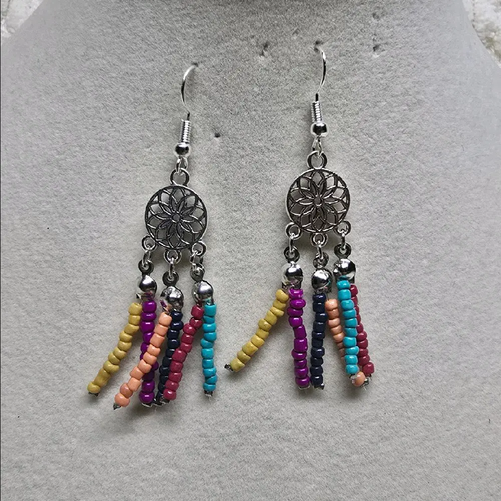 Fall Colored Mandala Earrings with Colorful Bead Drops and Silver-Tone Charms