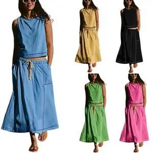 Ommig Women's Tank and Skirt Set High Neckline Drawstring Waist Mid-Rise Coordinating Fabric Casual Chic Wardrobe Staple Outfit Style Breathable Fitted Basic Suits