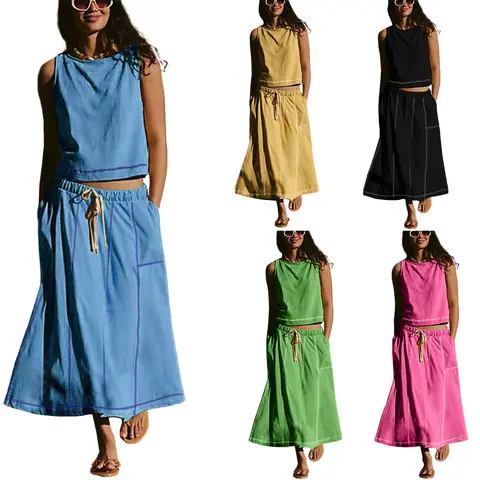 Omoone Women's 2-Piece Matching Cotton Skirt & Top Sets - Textured Woven Cotton Fabric, Sleeveless High Boat Neck Tank, Mid-Rise Drawstring Skirt, Contrast Topstitching, Retro Sporty Chic Everyday Wear Outfit