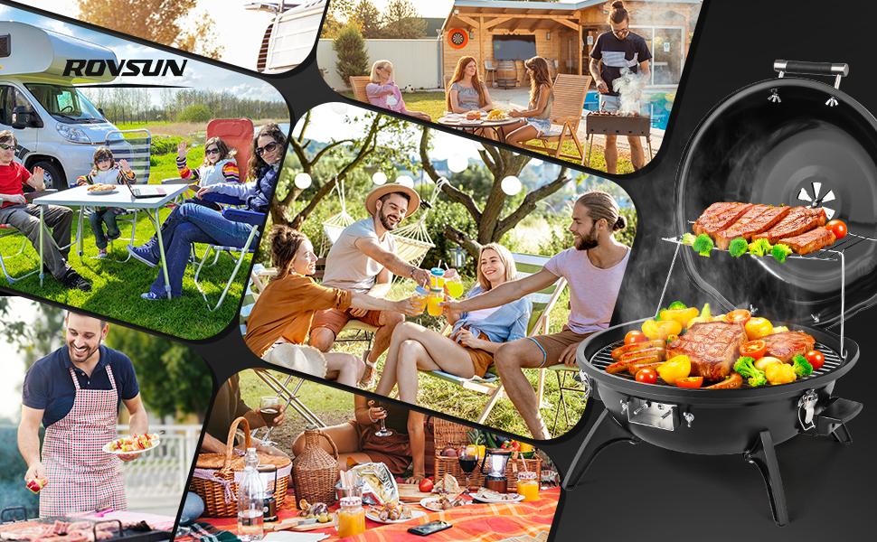 ROVSUN 1600W Tabletop Electric Grill with Temperature Control, Black 304 Stainless Steel Grill w/Double Layer Design, Portable & Removable, Small Stove for Indoor and Outdoor Use