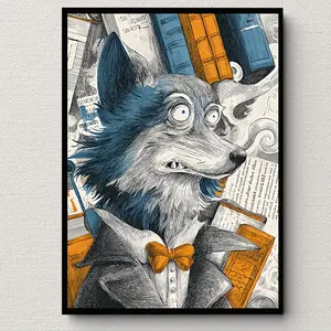 2D Flat, 1pc Japanese Anime Manga Wolf Poster - Wolf with Glasses Suitable for Home, Office, Classroom Decor - Canvas Print Book-Themed Artwork, Humorous Animal Wall/Table Display for Study Room, Library - Unframed Suitable for Home, Study Desk