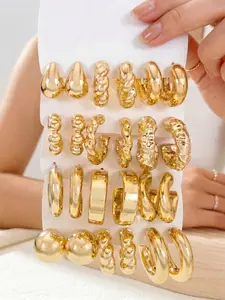 Women’s Dainty Eco‑Friendly Plastic Gold Chunky Hoop Earrings Bulk, 12 Pairs Twisted Teardrop Beaded Hammered Textured Open C‑Shaped Earrings, Daily Wear Elegant Lightweight Jewelry