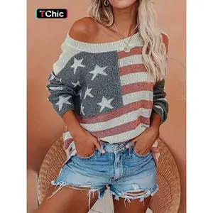 Women's flag printed off shoulder round neck knitted top, spring and autumn casual long sleeved round neck knitted shirt, fashionable women's daily knitted clothingRAIMENTRY