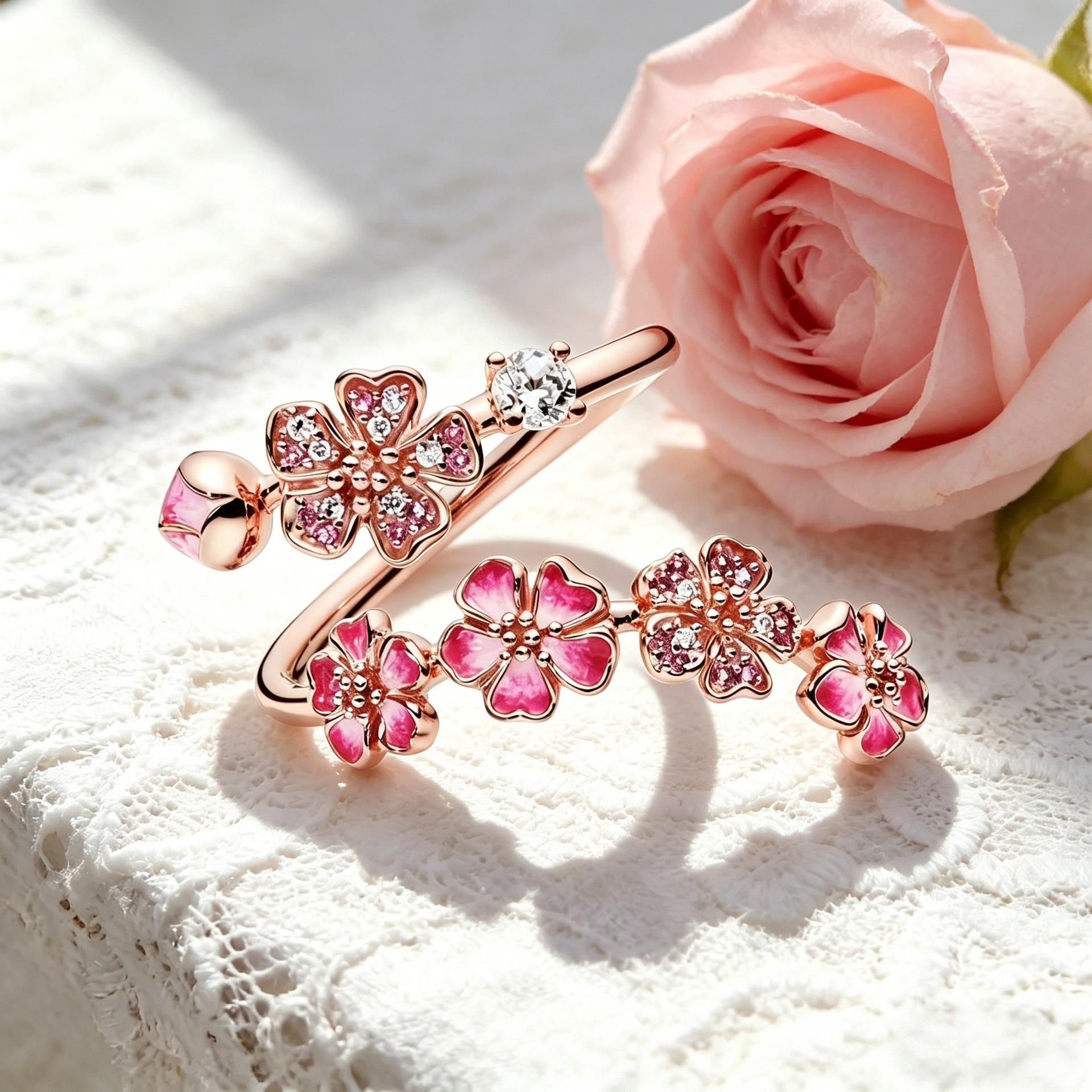 #JY Peach Blossom Ring for Women, Pink Cherry Blossom Adjustable Ring, Floral Open Wrap Band Jewelry, Sparkling Cubic Zirconia Flower Ring, Bridesmaid Wedding Jewelry, Minimalist Everyday Accessory, Birthday Anniversary Gift for Her