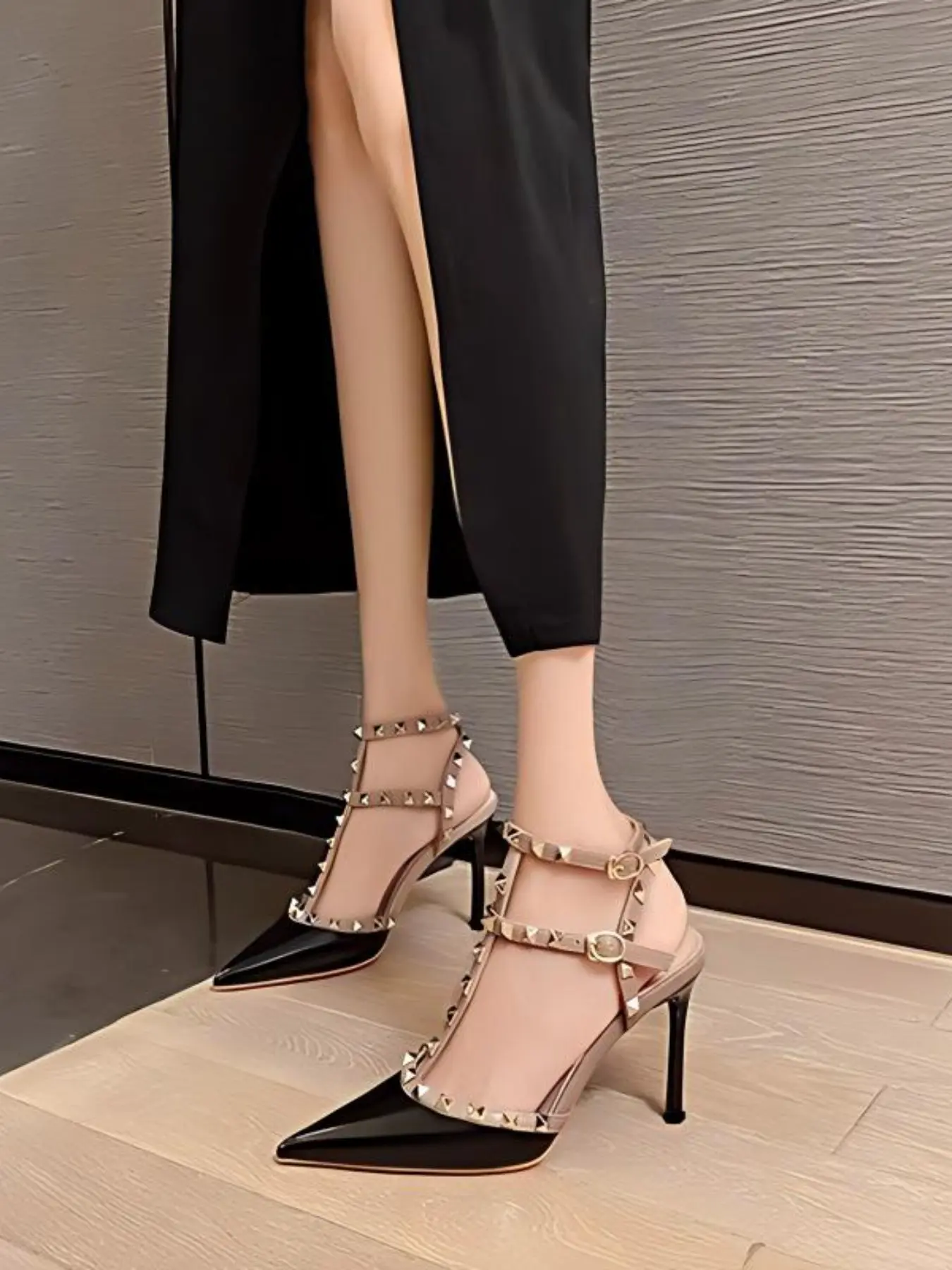 Summer Rivet Decor Ankle Strap High Heels, Fashion Rivet Solid Color High Heels, Elegant Catwalk Party Shoes, Women's Stylish Footwear