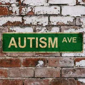 1PC 2D Flat Retro Autism Avenue Street Sign - Rustic Green and Yellow Metal Wall Decor Hanging Plaque, Distressed Finish, Suitable for Outdoor/Indoor Hanging, No Electricity Needed, Home, Cafe, Garden Autism Awareness Decoration