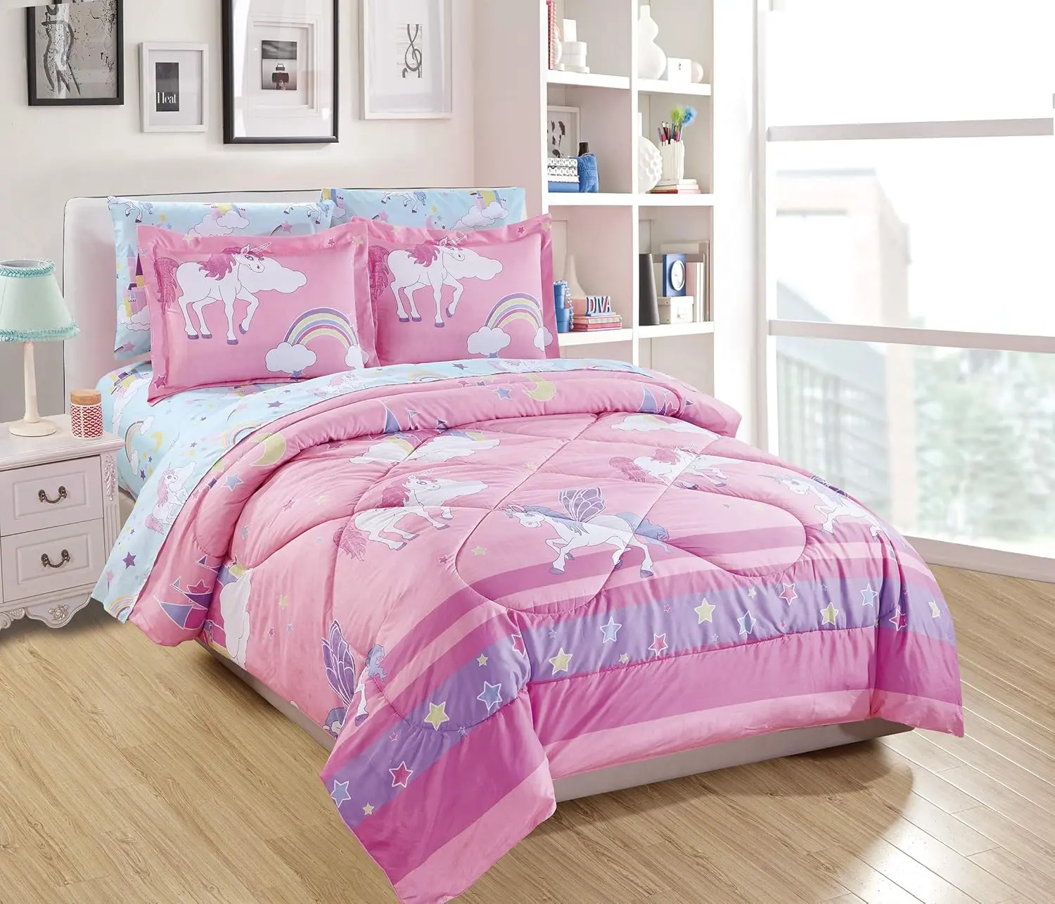 Fancy Linen Comforter and Sheet Set For Girls/Teens Unicorn Castle Rainbow Clouds Moon Shining Stars Blue Pink Purple Yellow New