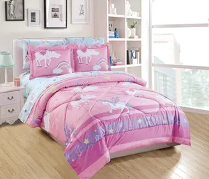 Fancy Linen Comforter and Sheet Set For Girls/Teens Unicorn Castle Rainbow Clouds Moon Shining Stars Blue Pink Purple Yellow New